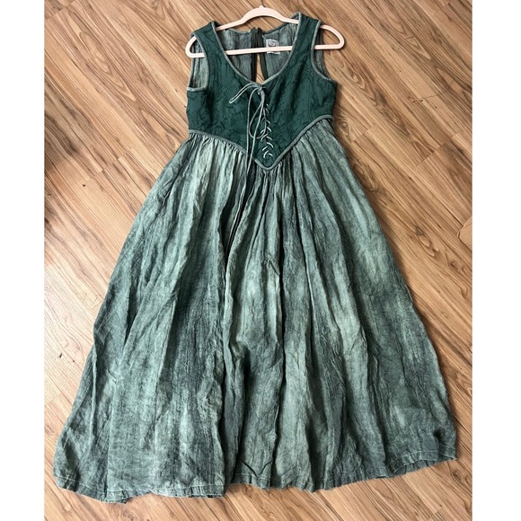 Comfort First Dress Womens Sz L Medieval Linen Lace Up Empire Waist Green Washed - Picture 1 of 11